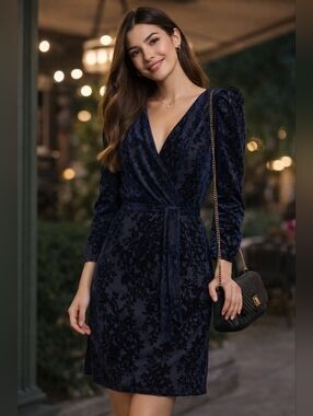 Tommy Hilfiger Velvet Burnout Faux-Wrap Midi Dress Navy Sky Captain Size 10 NWT